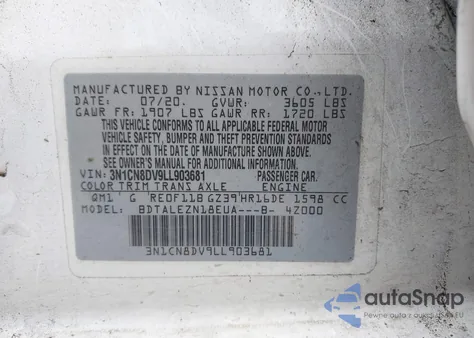 2020 Nissan Versa S Xtronic Cvt from USA, damaged, VIN 3N1CN8DV9LL903681